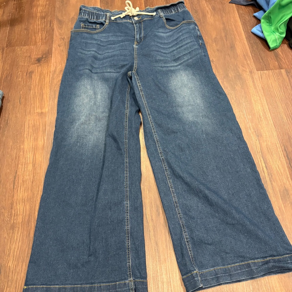 High-Waist Wide-Leg Tie Waist Denim Chino Jeans XL Y2K Streetwear Minimalist